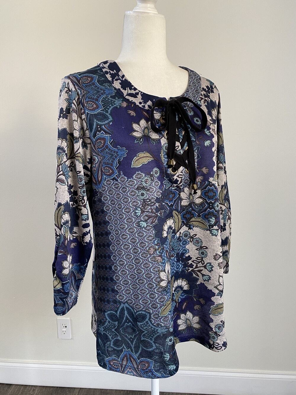 One World Women's Blouse Blue Floral Print 3/4 Sleeve Sz L